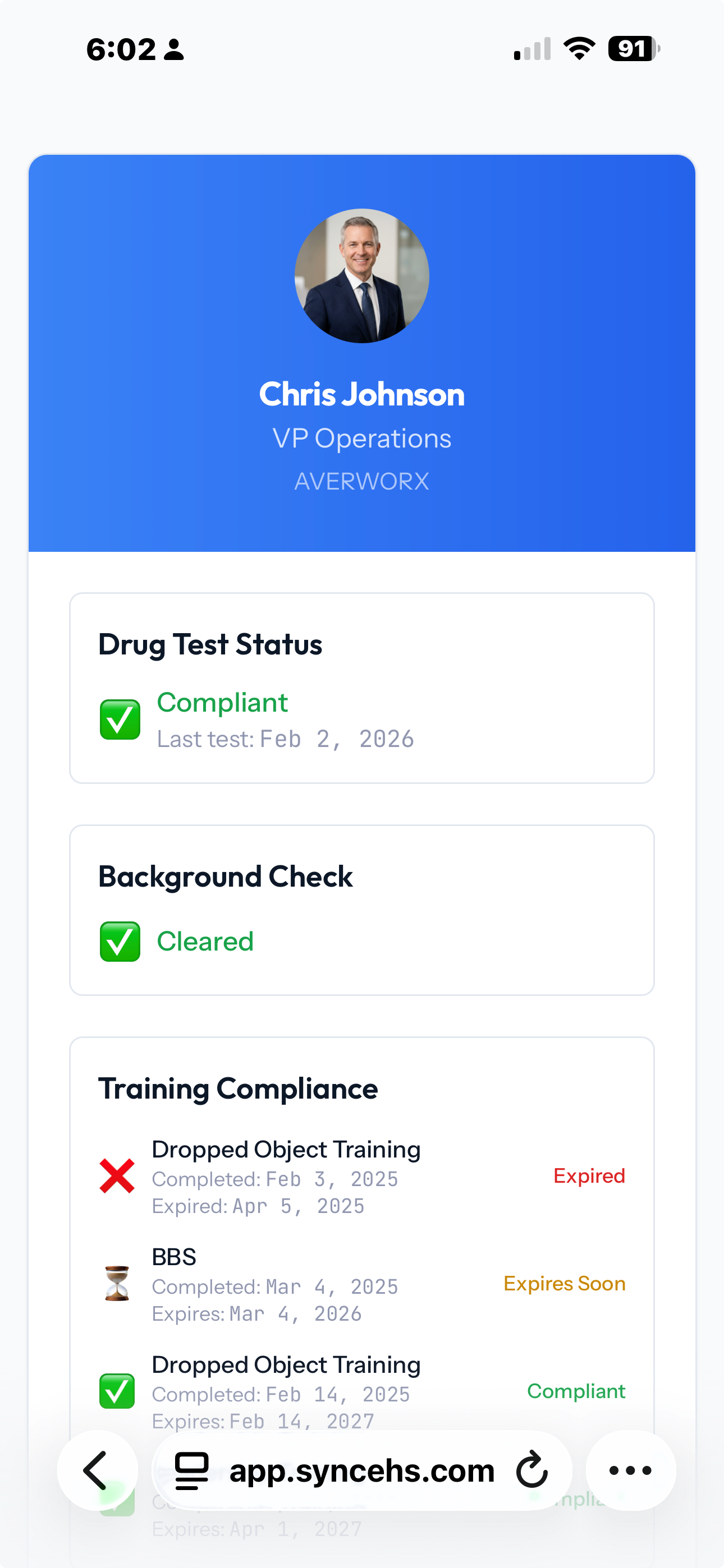 Employee compliance profile on mobile device