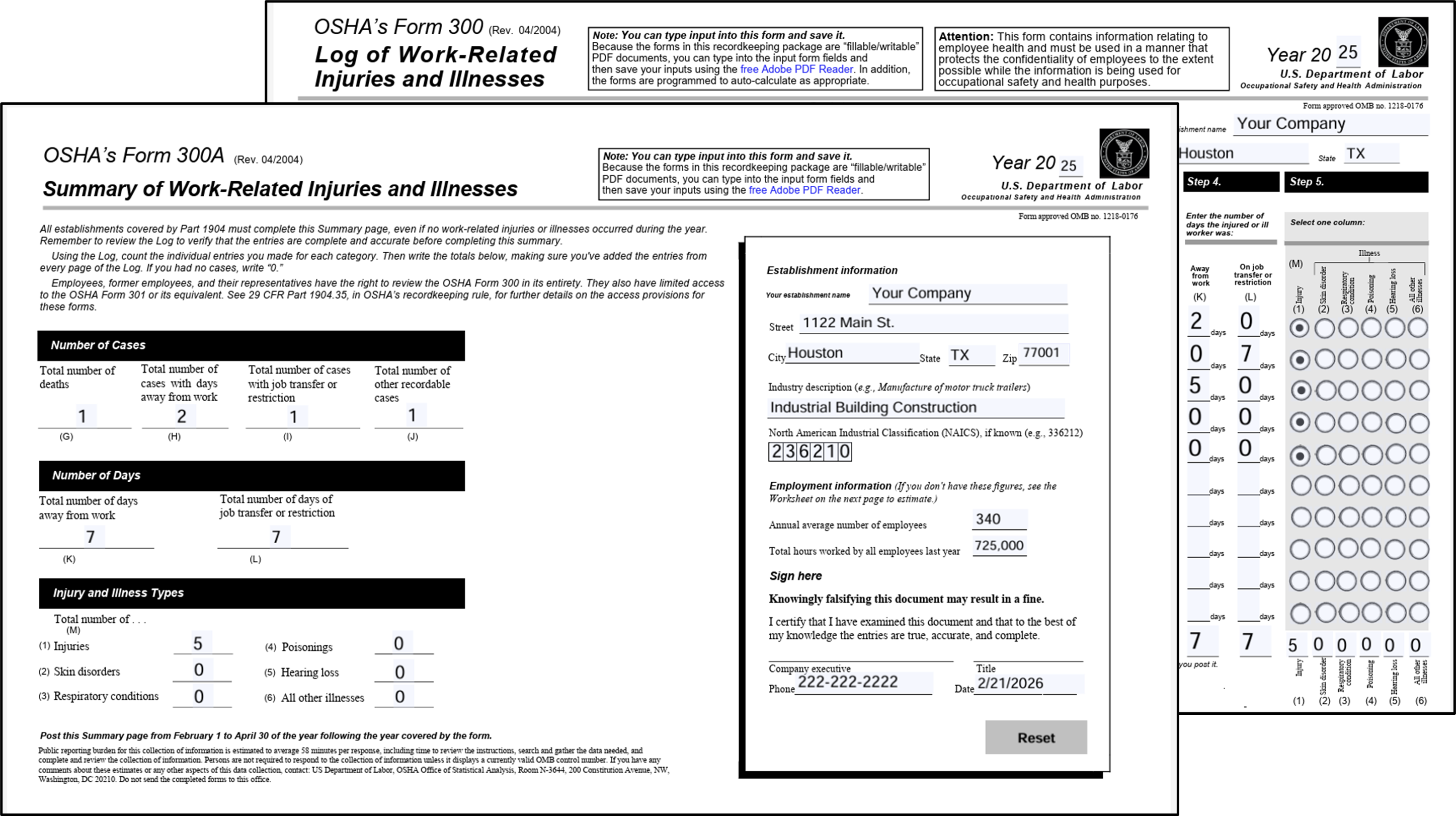 Auto-generated OSHA Form 300 Log of Work-Related Injuries and Illnesses with populated entries