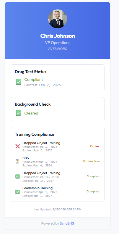 Employee QR public profile showing drug test compliance, background check status, and training records