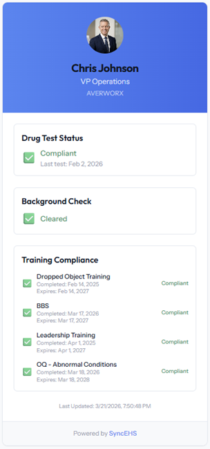 Employee QR public profile showing drug test compliance, background check status, and training records